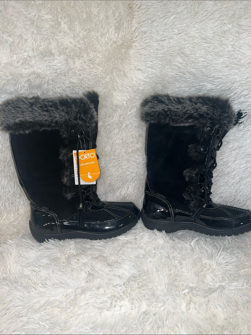 Sporto Black Faux-Fur Trim Lace-Up Winter Boots